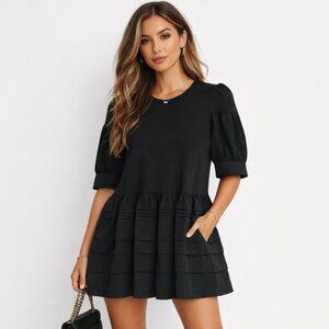Gracia Short Sleeve Ruffles Pleats Tiered Babydoll Black Dress Women's Sz M